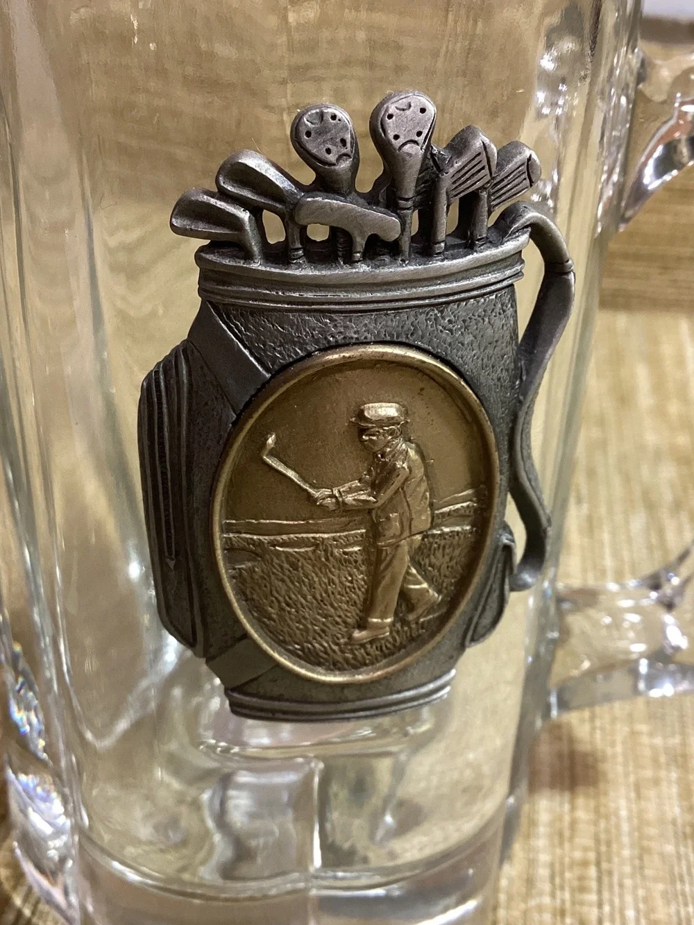 Glass Beer Stein Mug with Golf Emblem - Clear Raised Metal Medallion